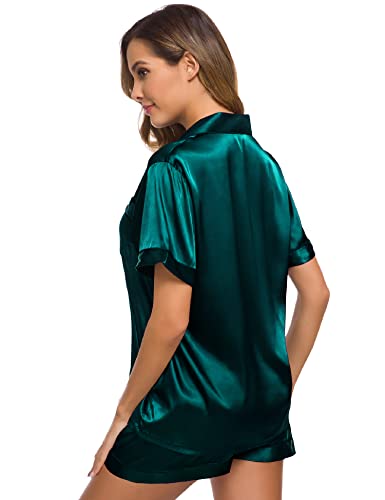 Image of SWOMOG Womens Silk Satin Pajamas Set Short Sleeve Sleepwear Button Down Top and Shorts Loungewear 2 Piece Pjs Set XS-3XL Deep Green Solid Large