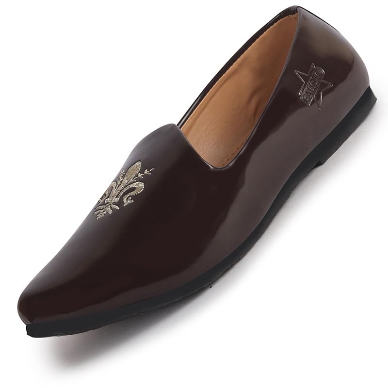 Image of FAUSTO Men's Patent Glossy Ethnic Embroidered Design Slip On Shiny Juttis & Mojaris for Party|Wedding|Festival
