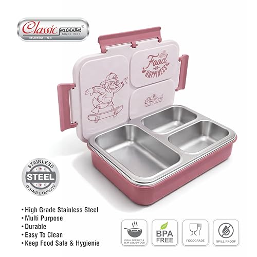 Image of Classic Steels Insulated 3-Compartment Stainless Steel Lunch Box for Kids & Adults | Leak-Proof Bento Box with Silicone Seal | BPA-Free & Food Grade, Pink
