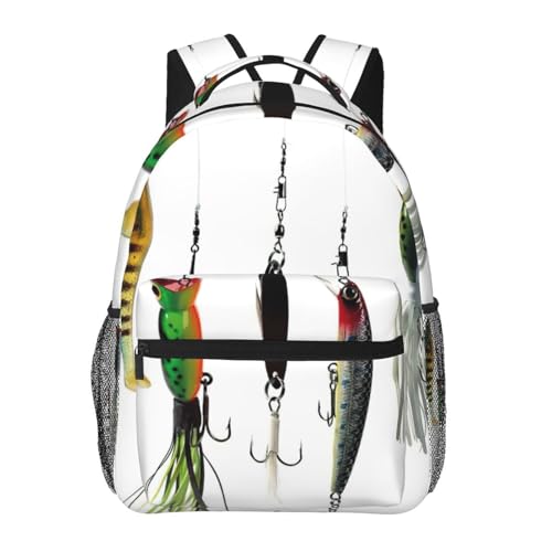 Sac à dos léger noir pour homme et femme imprimé appâts de pêche de voyage