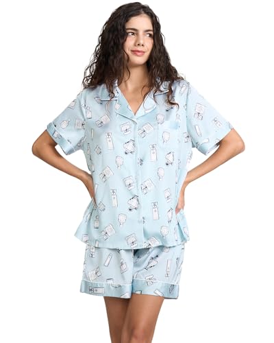 Image of YiNi LuLu Womens Silk Satin Shorts Pajamas Set Button Down 2 Piece Pjs Short Sleeve Oversized Sleepwear with Pockets