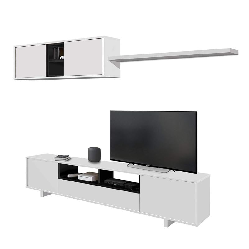 HOGAR24 ES Mueble de Salón para TV y Módulo con Balda, Color Blanco Brillo y Gris