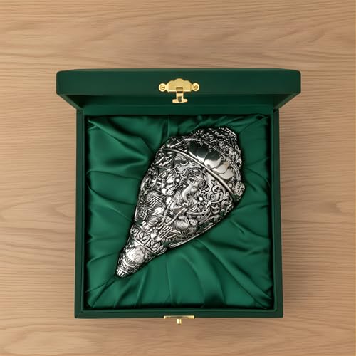 Image of 999 Pure Silver Plated Ganesh Shankh | 6 Inch Grand Vastu Showpiece for Success & Wealth | Sacred Conch Shell Idol for Home Temple & Altar