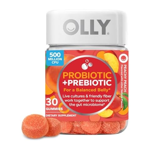 OLLY Probiotic + Prebiotic Gummy, Digestive Support and Gut Health, 500 Million CFUs, Fiber, Adult Chewable Supplement for Men and Women, Peach, 30 Day Supply - 30 Count Cover