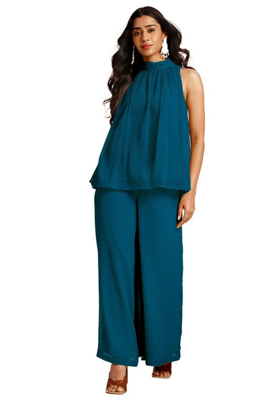Image of Janasya Women's Chiffon Woven Design Gathered Co-Ord Set