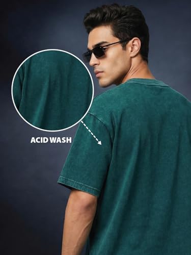 Image of Veirdo Heavy GSM Pure Cotton Acid Wash Print Round Neck Half Sleeve Oversized Fit Drop Shoulder T-Shirt for Men (Colors: Black, Navy, Green & Brown)