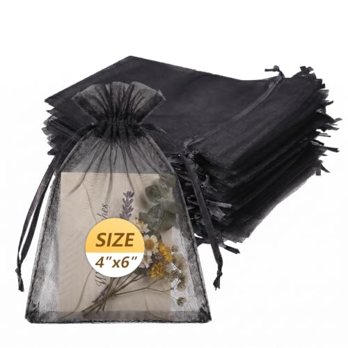 Wudygirl 100 PCS Organza Bags 4"x6" Gift Bags with Drawstring Black