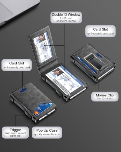 Image of Wallet for Men RFID Wallet with 2 ID Windows & Money Clip, Slim Card Holder | 10-12 Cards Bifold Minimalist Smart Pop Up Wallet for Front Pocket Compact Metal Credit Card Holder Birthday Gifts for Men