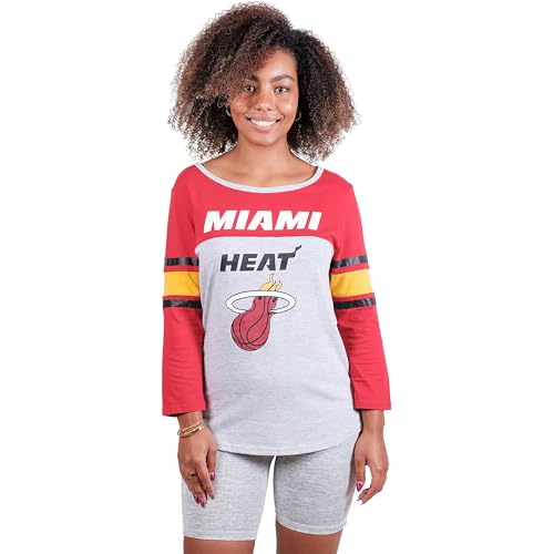 Ultra Game NBA Official Women's Raglan Baseball 3/4 Long Sleeve Shirt, Miami Heat, Team Color, Large