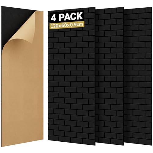 TONOR Ziegeltyp Akustikpaneele selbstklebend, 4 St.120x60x0,9cm Schalldämmung Schallschutzplatten, Wandpaneele selbstklebend für Akustische Behandlung und Wanddekoration in Wohnzimmer, room, Schwarz