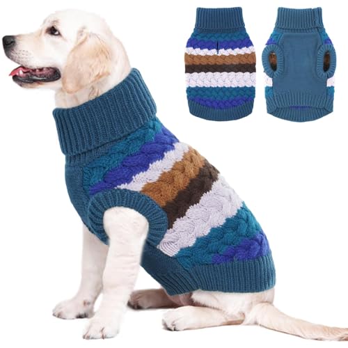 Kuoser Dog Sweater, Pet Cable Knitted Pullover Puppy Warm Clothes, Doggy Turtleneck Classic Knitwear Soft Thickening Doggie Outfit, Cold Weather Thermal Wear for Large Size Dogs, Blue 3XL