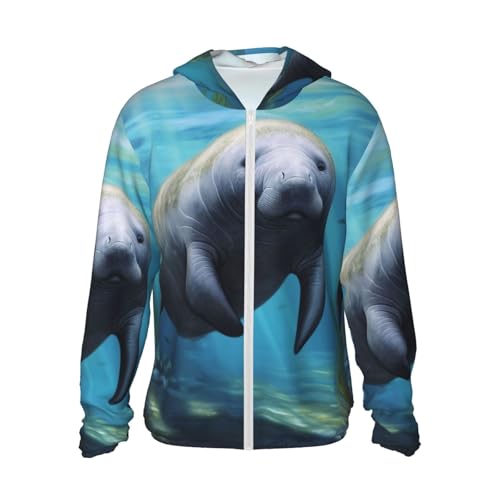UPF 50+ Sun Protection Hoodie Long Sleeve Cute Manatee Sun Shirt Rash Guard Fishing Shirts for Men