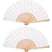 Produktbild Chuangdi 2 Stücke Holz Fan Stoff Hand Falten Fans Handheld Fans Handwerk Fan Dekoration Fan Geschenk Fan mit Kordelzug Organza Taschen für Männer Damen Mädchen (Weiß)