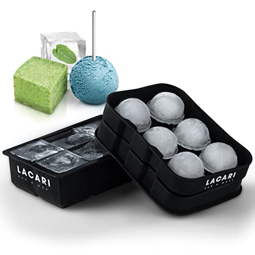LACARI Eiswürfelform für große Eiswürfel aus Silikon | 6x Runde & 6x Eckige Eiswürfel | 45mm und 48mm groß | Eiswürfelbehälter für Getränke wie Whisky & Cocktails | Ice Cube Tray BPA Frei Cover