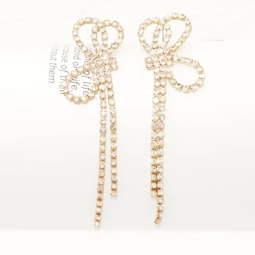 Gold Rhinestone Bow Tassel Dangle Earrings Bow Ribbon Dangle Earrings Sparkly Earrings Statement Fringe Earrings Wedding Guest Cute Jewelry For Women Prom Birthday Party Jewelry2