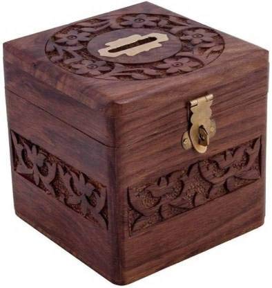 Brown Wooden Money Bank Square Size Small Piggy Bank Decorative Home Decor Coin Box For Kids Gift - Brown, Classic
