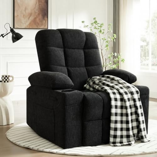 Image of Swivel Rocker Recliner Chair,Recliner Single Sofa with Cup Holders, Manual Nursery Rocking Chair with Side Pockets, Modern Upholstered Recliner for Living Room,Apartment,Home Theater(Black)