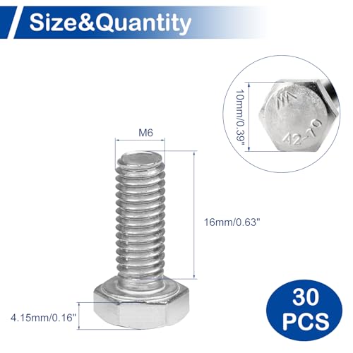 Image of MroMax 30Pcs M6-1 Hex Bolts, M6 x 16mm Hex Head Screws Bolts | 304 Stainless Steel 18-8, Fully Threaded, External Hex Drive, for Thin Sheet Metal and Electronics Fixing