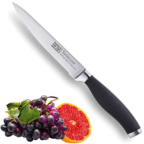 Taylors Eye Witness Syracuse Serrated Utility Kitchen Knife - Professional 13cm/5 Cutting Edge Multi Use. Ultra Fine Toothed Razor Sharp Blade. Soft Textured Grip Matte Black Handle.