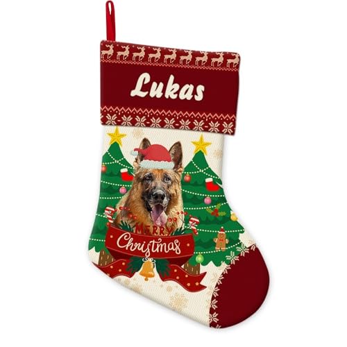 GABSHAIM Xmas Stockings German Shepherd Dog with Christmas Tree Decor Personalized Linen Jingle Bell Stocking Merry Christmas for Holiday Xmas Party Decoration 14.4 Inch Style 2