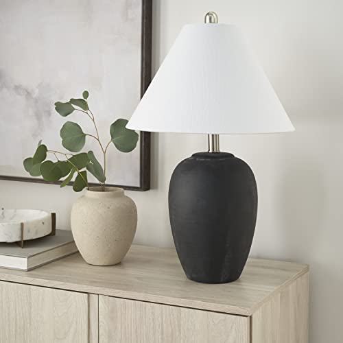 Image of Nourison Home 23 inch Black Vintage Distressed Ceramic Pot Table Lamp for Bedroom, Living Room, End Table, with White Conical Empire Shade
