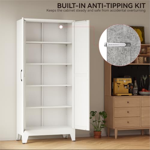 Image of COFaR 71 inch White Farmhouse Pantry Cabinet with Doors and Adjustable Shelves | 5-tier kitchen pantry cabinet with square-panel doors and 4 adjustable shelves for laundry room, office or garage storage.