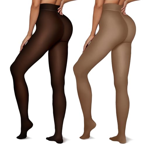 Vertvie 2 Pairs Fleece Lined Tights Women Crotch One Seam Line Warm Sheer Pantyhose Fake Translucent Thermal Thick Leggings