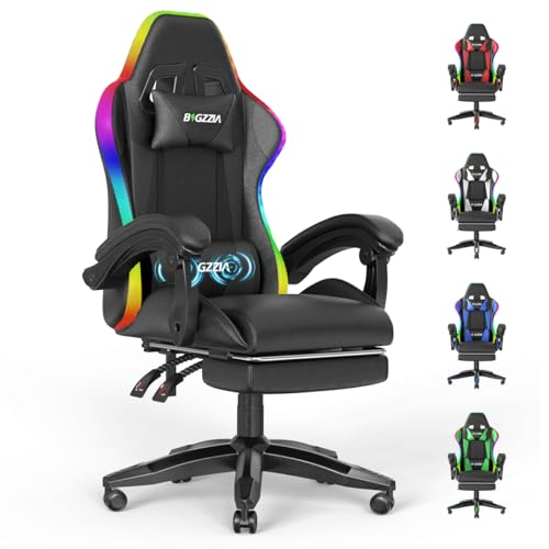 Racingreat LED Gaming Stuhl mit Massage RGB Gaming Chair Massagefunktion mit Fußstütze Höhenverstellung und 90- 135 Neigung PC-Stuhl für Kinder Junge Erwachsene (Schwarz)