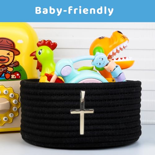 Image of 2 Pack Cross Decor Small Woven Baskets, Cute Mini Storage Bins for Nursery, Shelf and Home Decor(Jet Black-Cross)