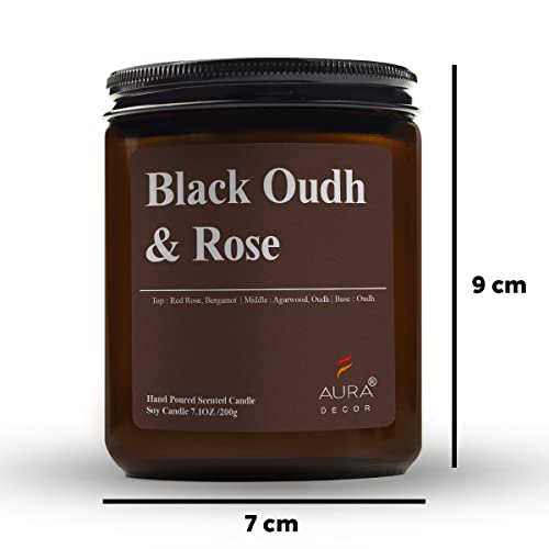 Image of AuraDecor Scented Jar Candle | Handpoured Soy Wax Candle with Long Lasting Burn Time | Premium Amber Jar Aromatherapy Candle | Ideal Gift for Home & Decor (Extra Large, Black Oudh & Rose)