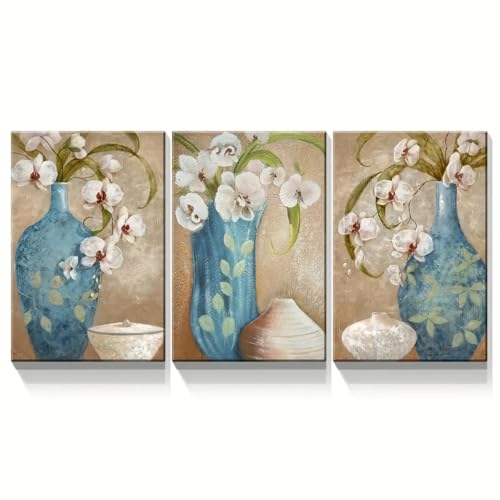 Peintures sur toile florales vintage de grand format : triptyque mural 80x120cm