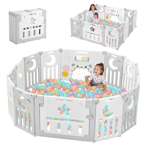Baby Playpen, Dripex Foldable Baby Play Yard, Toddler Safety Fence, 14-Panel Adjustable Portable Play Area for Indoor/Outdoor, Grey White