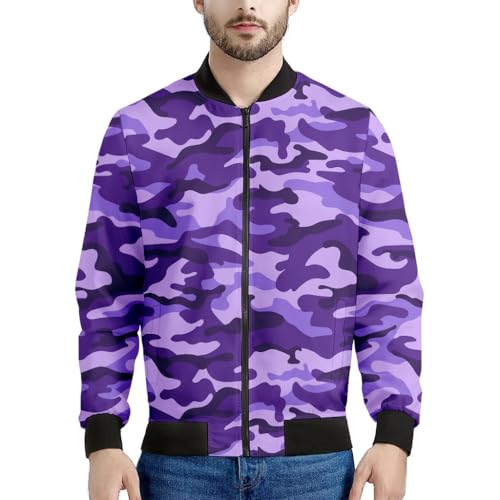 Men's Purple Camo Bomber Jacket - Urban Camouflage Print Zip-Up Coat For Casual Wear, Street Style Fashion, Party Outfit - Trendy Gift For Him