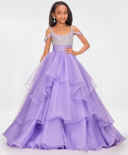 Off Shoulder Girls Pageant Dress Long Pearl Ruffles Princess Prom Party Ball Gowns with Train PT1484