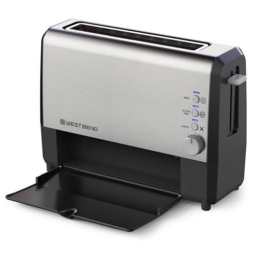West Bend QuikServe Toaster, 2-Slice Wide-Slot Slide-Through Bread Toaster with Bagel and Gluten-Free Settings and Cool-Touch Exterior Fast Toasting, Includes Removable Serving Tray, 1400-Watts, Silver