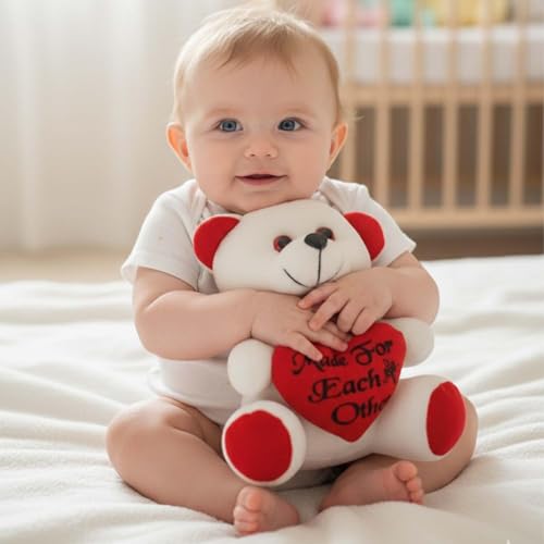 Image of ALVERO Cute Teddy Bear with Heart Cushion, Soft Plush Embroidered Heart Stuffed Toy, Gift for Girlfriend, Wife, Valentine, Anniversary & Birthday 13 x 11 x 20cm (Red & White)