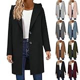 AOREUGL Womens Peacoat Winter Warm Long Sleeve Notch Lapel Mid Long Trench Coat Wool Blend Open Front Hooded Overcoat Black pea coat women L