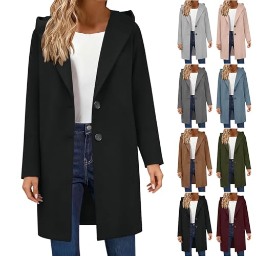Image of AOREUGL Womens Peacoat Winter Warm Long Sleeve Notch Lapel Mid Long Trench Coat Wool Blend Open Front Hooded Overcoat Black pea coat women L