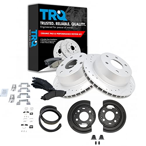 Image of TRQ Performance Rear Brake Pad and Rotor Set Ceramic Coated Drilled Slotted Compatible with 02-03 Cadillac Escalade 02-06 Chevrolet Silverado GMC Sierra 1500 03 Avalanche Suburban Tahoe Yukon XL 1500