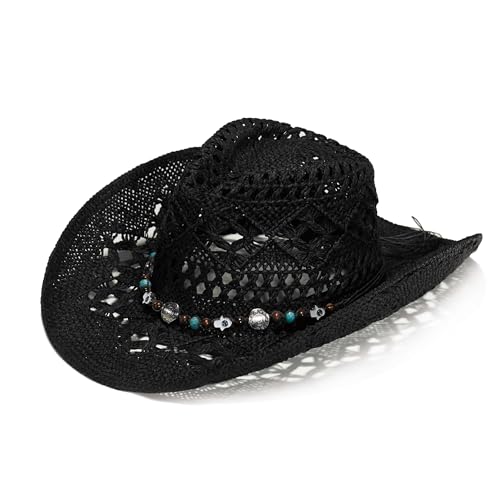 KAQJWL Faux Raffia Straw Western Cowboy Cowgirl Hat for Women or Ladies - Cute Wide Brim Decorative Bands (US, Alpha, One Size, Medium, Black with Beads Brim)