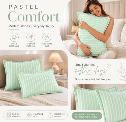 Image of VAS COLLECTIONS Premium 210 TC Cotton Satin Stripe Pillow Cover Set of 2 (18x28 Inches) | Hotel Quality Soft Breathable Pillow Cases | Pillow Covers for Home Hotel Hospital Use, Green & White
