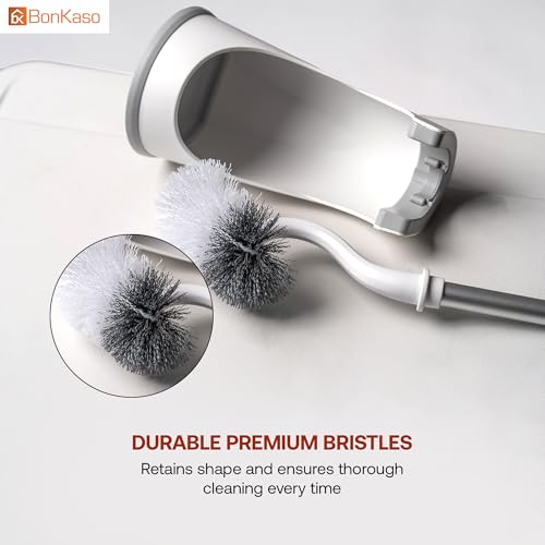 Image of BonKaso Tilly Toilet Brush with Holder for Bathroom Cleaning | TPR Soft Bristles & Anti-Scratch Design | Ergonomic Handle Toilet Brush for Deep Cleaning | Durable, Quick Drying - Light Grey & White