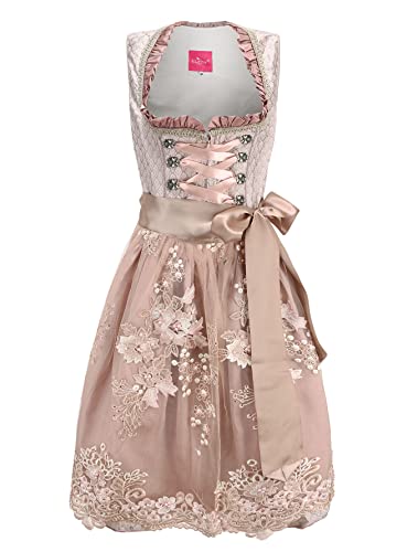 ELFIN Damen Midi Dirndl Elegante Trachtenkleid für Oktoberfest inkl. Spitzen Dirndlschürze, Champagner Rosa, 36