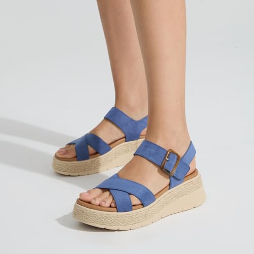 Image of UBFEN Womens Espadrille Platform Sandals Low Wedge Heel - Orthopedic Arch Support, Cushion Insole, Comfortable Dressy Buckle Sandals for Walking and Vacation