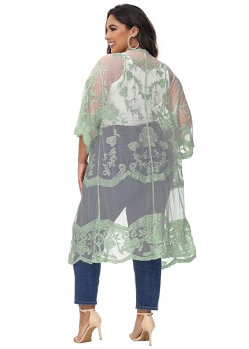 Image of Anna-Kaci Women's Plus Size Lace Cardigan Embroidered Long Kimono Dusters with Half Sleeves
