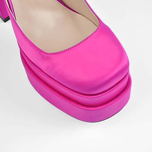 Onlymaker Fashion Women's Chunky High Heel Square Toe Sandals Satin Platform Ankle Strap Stiletto Shoes Pink Size 6 #TOP3