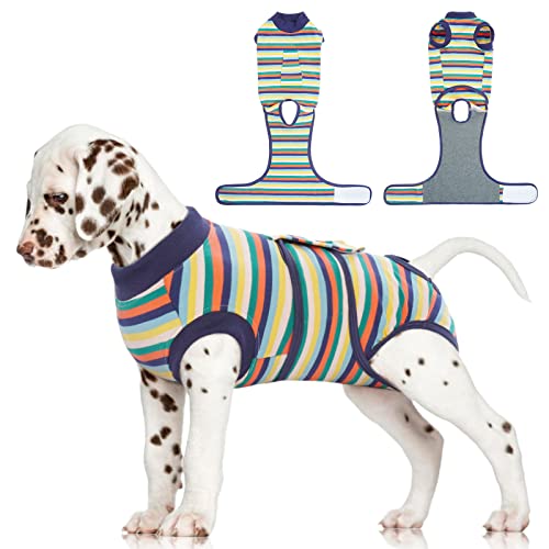 Image of FUAMEY Recovery Suit for Dogs After Surgery,Soft Breathable Dog Bodysuit E-Collar & Cone Alternative Surgical Suit,Male Female Dog Neuter Spay Suits Anti Licking Wounds Onesie Dark Blue Stripes XS