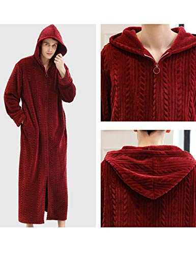 Letuwj Men's Fleece Hooded Full Length Robe Plush Collar Shawl Zipper Front Bathrobe4