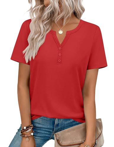 Zeagoo Women's Clothing Short Sleeve Summer Tops V Neck Button Shirts Spring Blouses Red