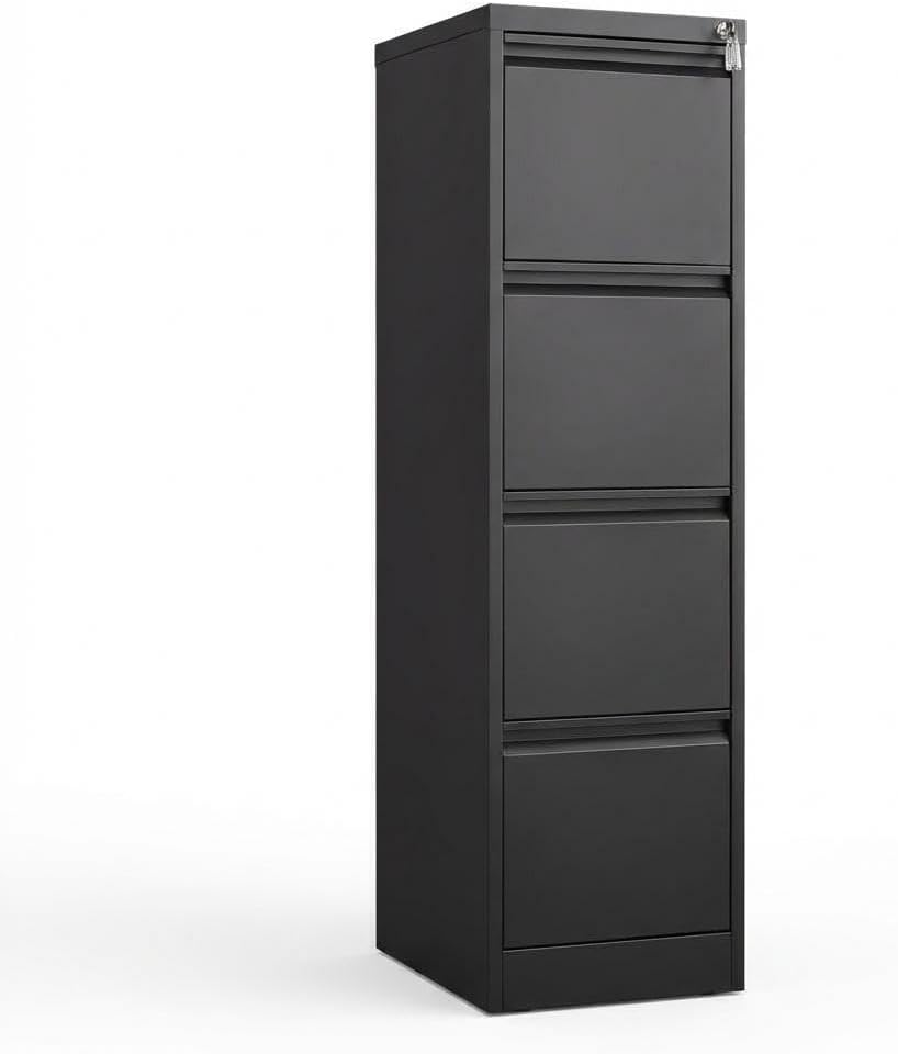 4 Drawer File Cabinet, Heavy Duty Vertical Filing Cabinets with Lock, Metal Steel Storage Cabinet for Office and Home, Assembly Required, Black